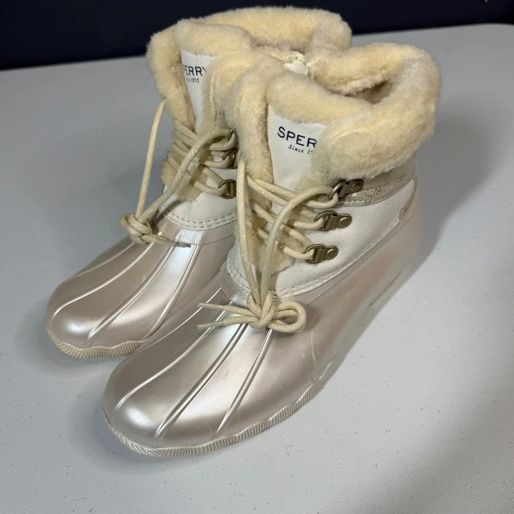 Sperry‎ Saltwater Duck Boots 5 Champagne Metallic Faux Fur Trim Side Zip